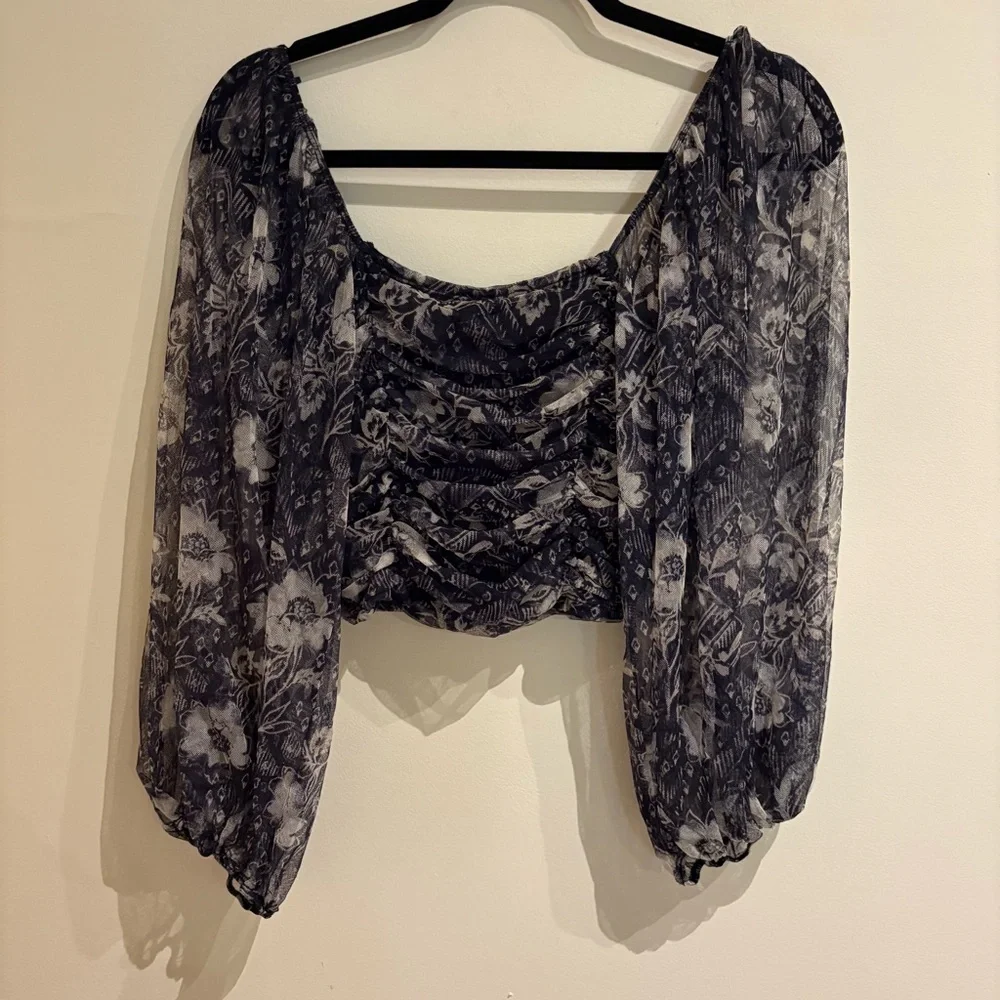 Free People Lilia Navy Floral Ruched Mesh Crop Top Size Medium